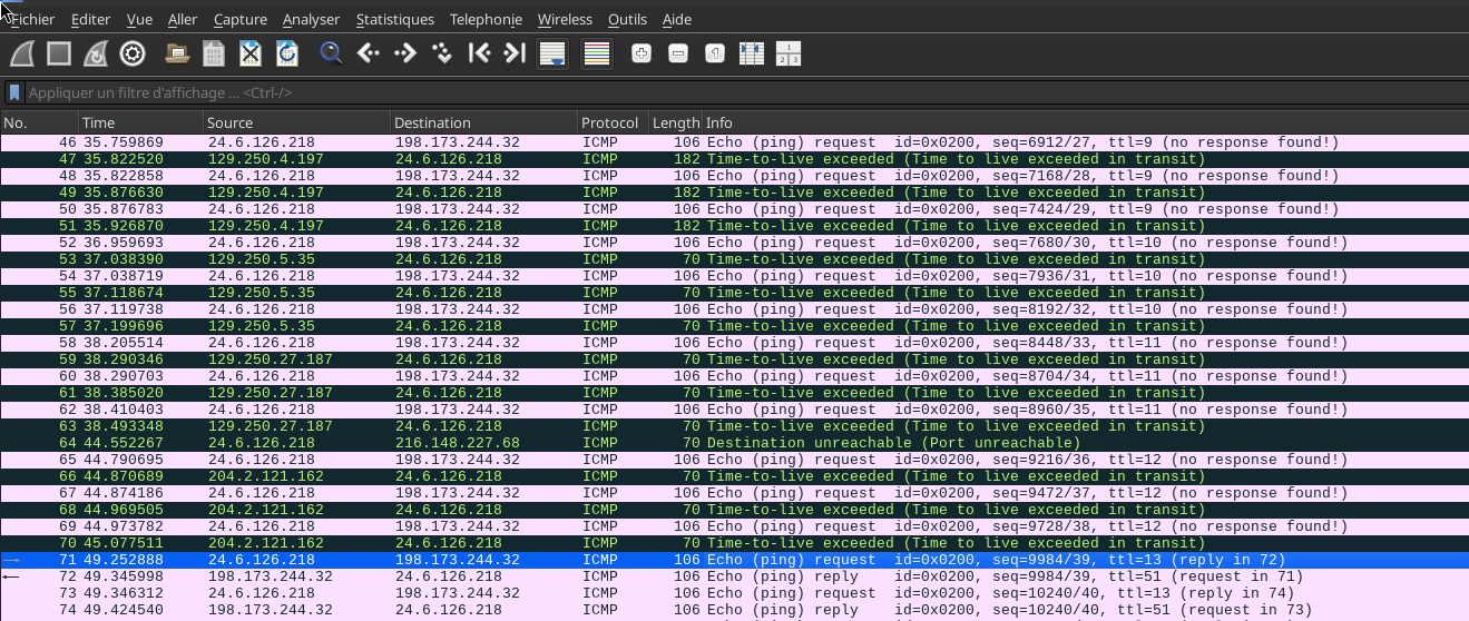 Capture Wireshark montrant les trames ICMP avec TTL croissants